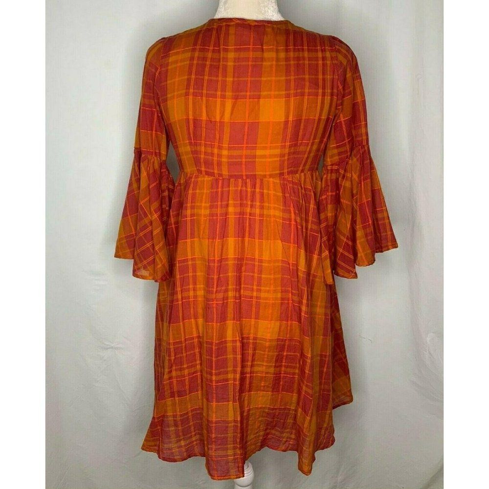 Emberley Downeast Jessica Dress XS Orange Pink Plaid Button Front Bell Sleeves - Picture 4 of 6